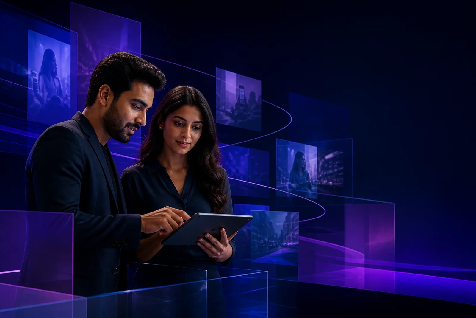 Two media specialists reviewing a connected digital advertising plan